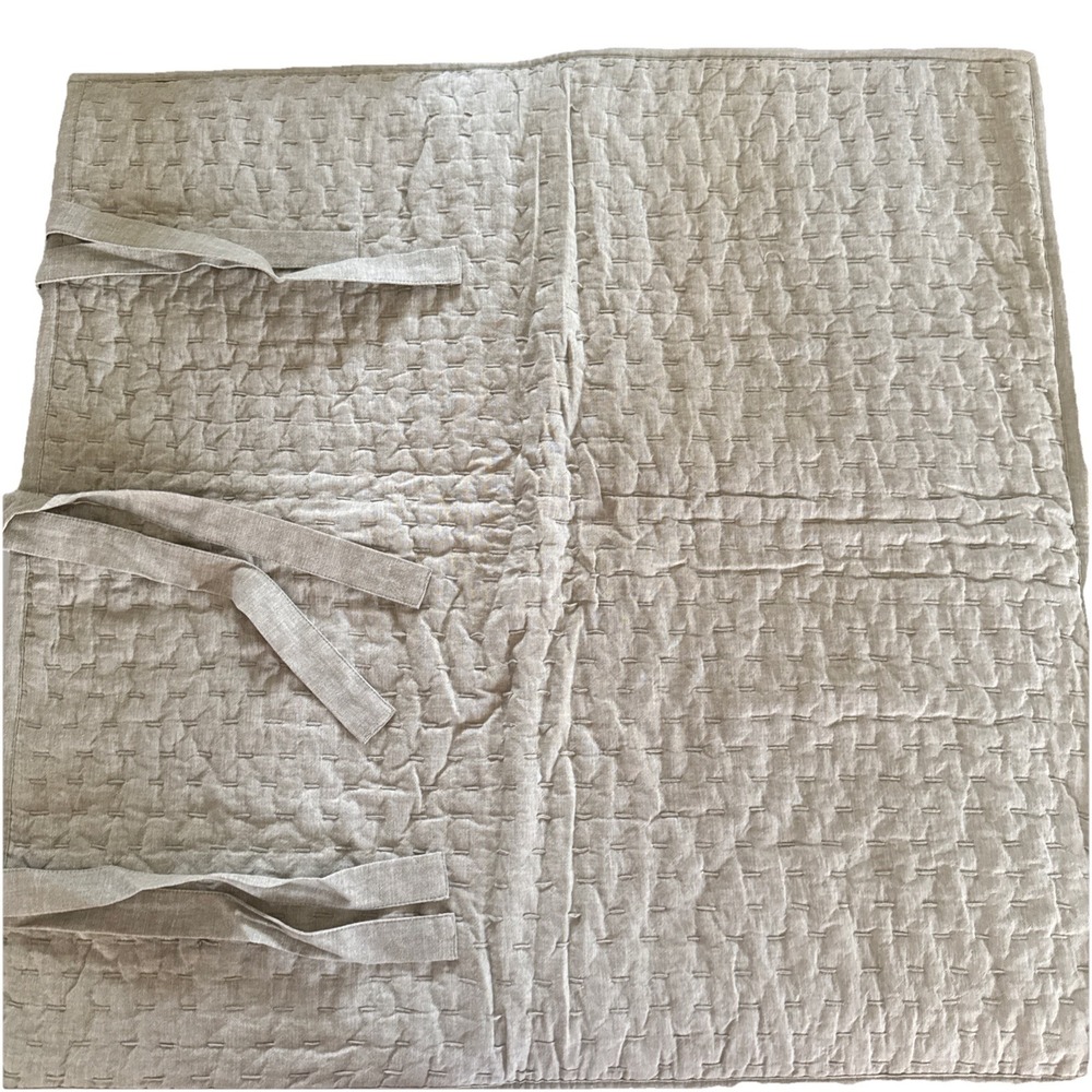 Pottery Barn Euro Pick Stitch Quilted Seagrass Pillow Sham Linen Cotton Tie 36"